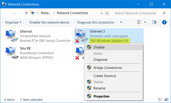 Tất cả các bộ điều hợp TAP-Windows trên hệ thống này hiện đang được sử dụng